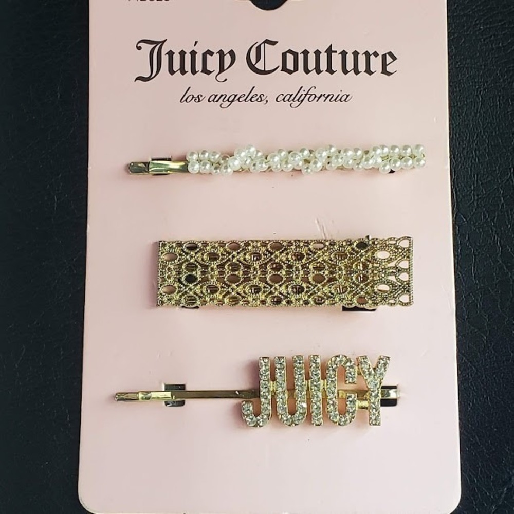 Juicy Couture Gold Tone Hair Clip Bobby Pin Set 3pc Pearl Rhinestone Bling